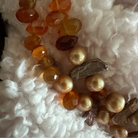 Amber Agate Biwa Pearl Sterling Double Layered Choker Necklace OOAK Handmade - Picture 12 of 16